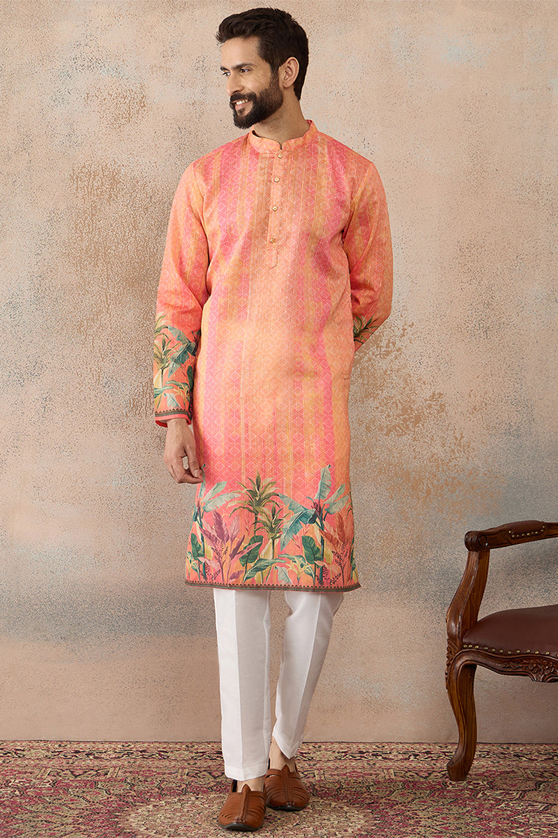 Orange Silk Blend Ethnic Motifs Printed Straight Kurta with Trousers  MKSET2369