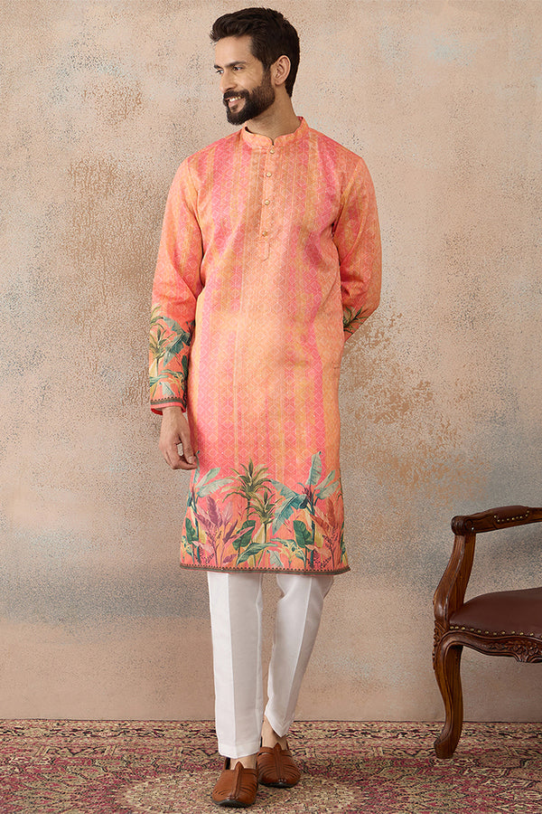 Orange Silk Blend Ethnic Motifs Printed Straight Kurta MKU2369