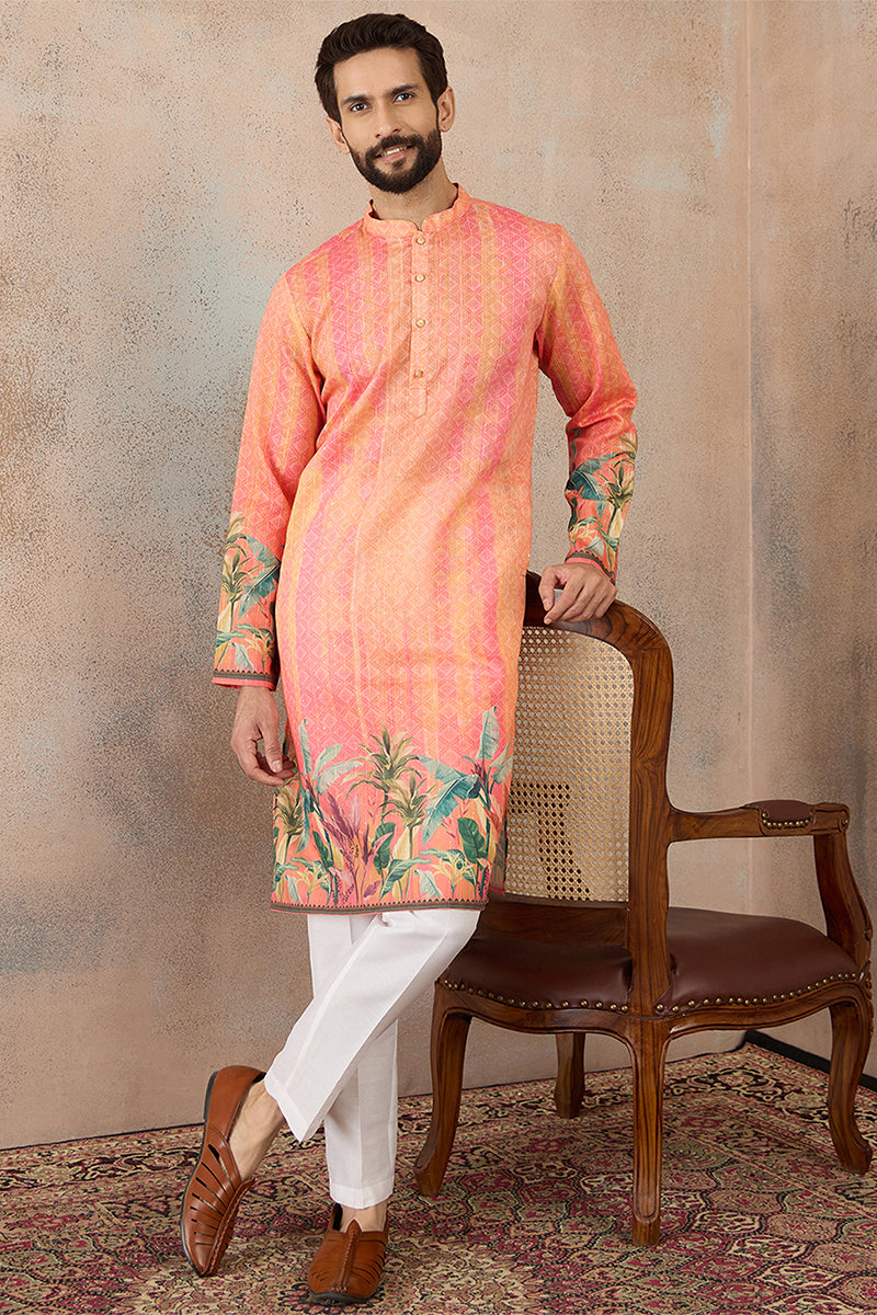 Orange Silk Blend Ethnic Motifs Printed Straight Kurta with Trousers  MKSET2369