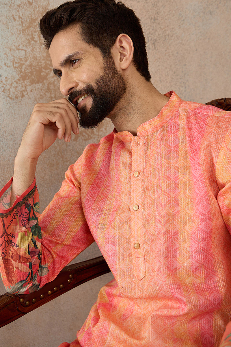 Orange Silk Blend Ethnic Motifs Printed Straight Kurta with Trousers  MKSET2369