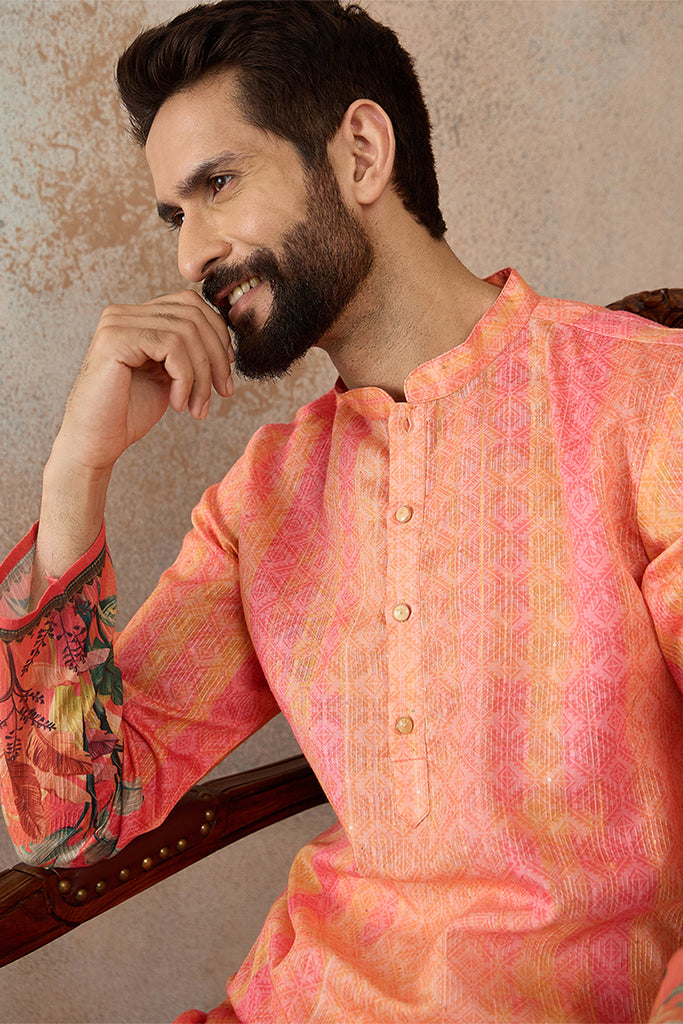 Orange Silk Blend Ethnic Motifs Printed Straight Kurta with Trousers  MKSET2369