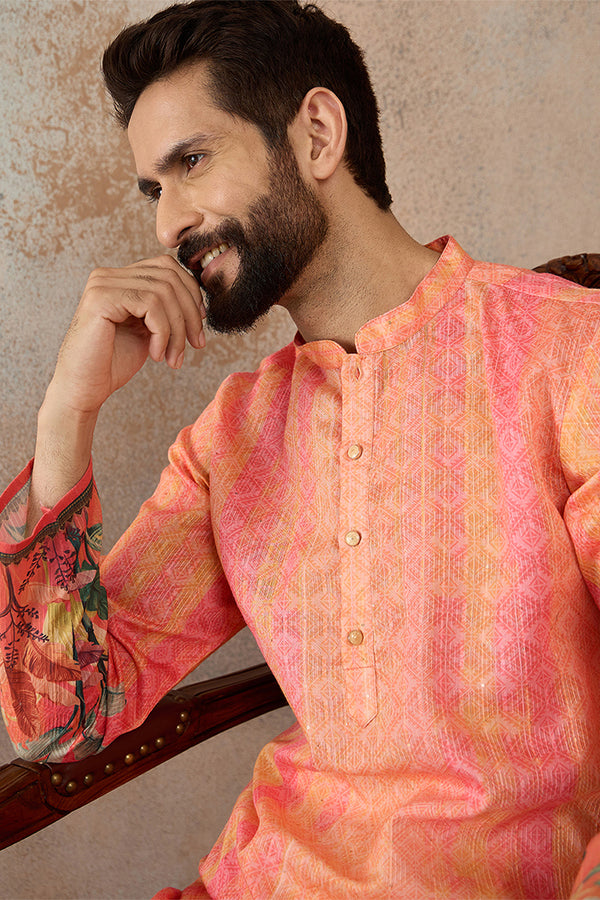 Orange Silk Blend Ethnic Motifs Printed Straight Kurta MKU2369