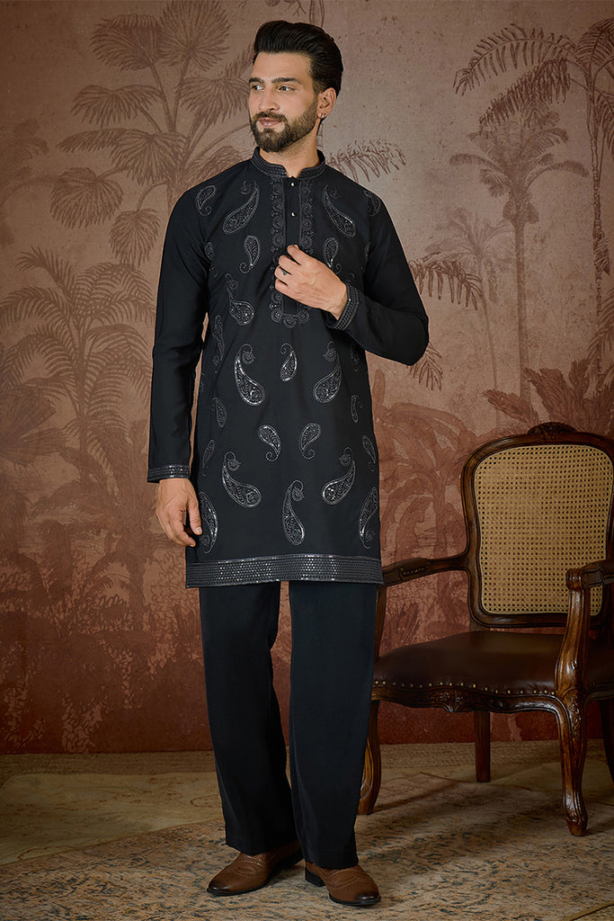 Black Silk Blend Solid Embroidered Kurta MKU2382