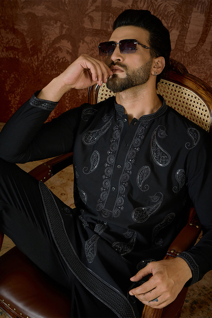 Black Silk Blend Solid Embroidered Kurta MKU2382