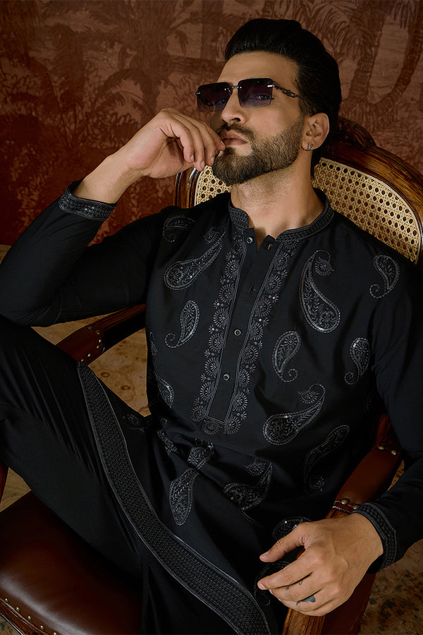 Black Silk Blend Solid Embroidered Kurta MKU2382
