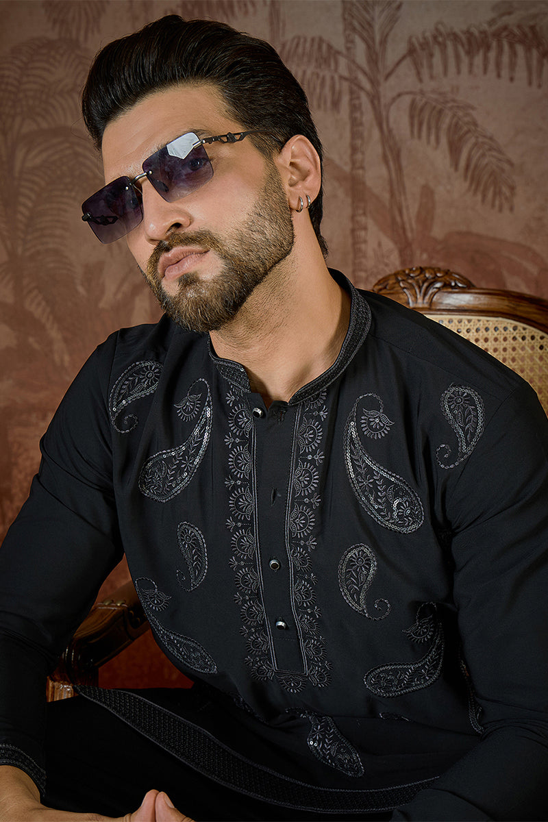 Black Silk Blend Solid Embroidered Kurta MKU2382