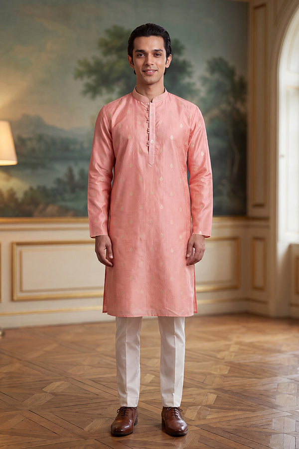 Pink Jacquard Ethnic Motifs Woven Design Kurta With Trouser MKSET2394