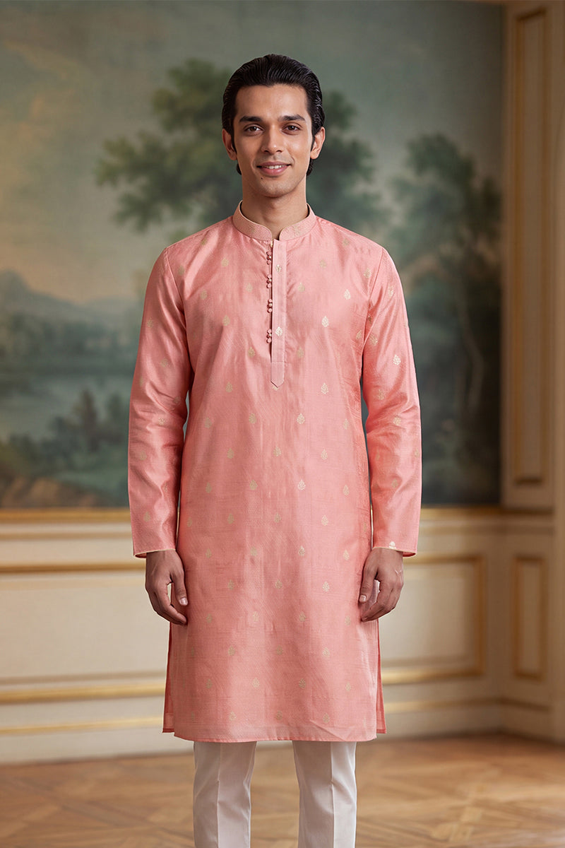 Pink Jacquard Ethnic Motifs Woven Design Kurta With Trouser MKSET2394
