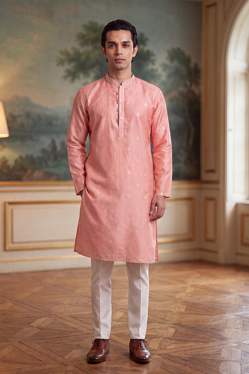 Pink Jacquard Ethnic Motifs Woven Design Kurta MKU2394