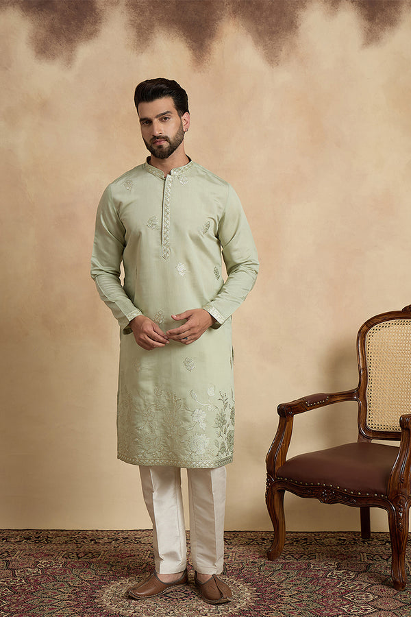 Green Silk Blend Solid Embroidered Thread Work Kurta MKU2405