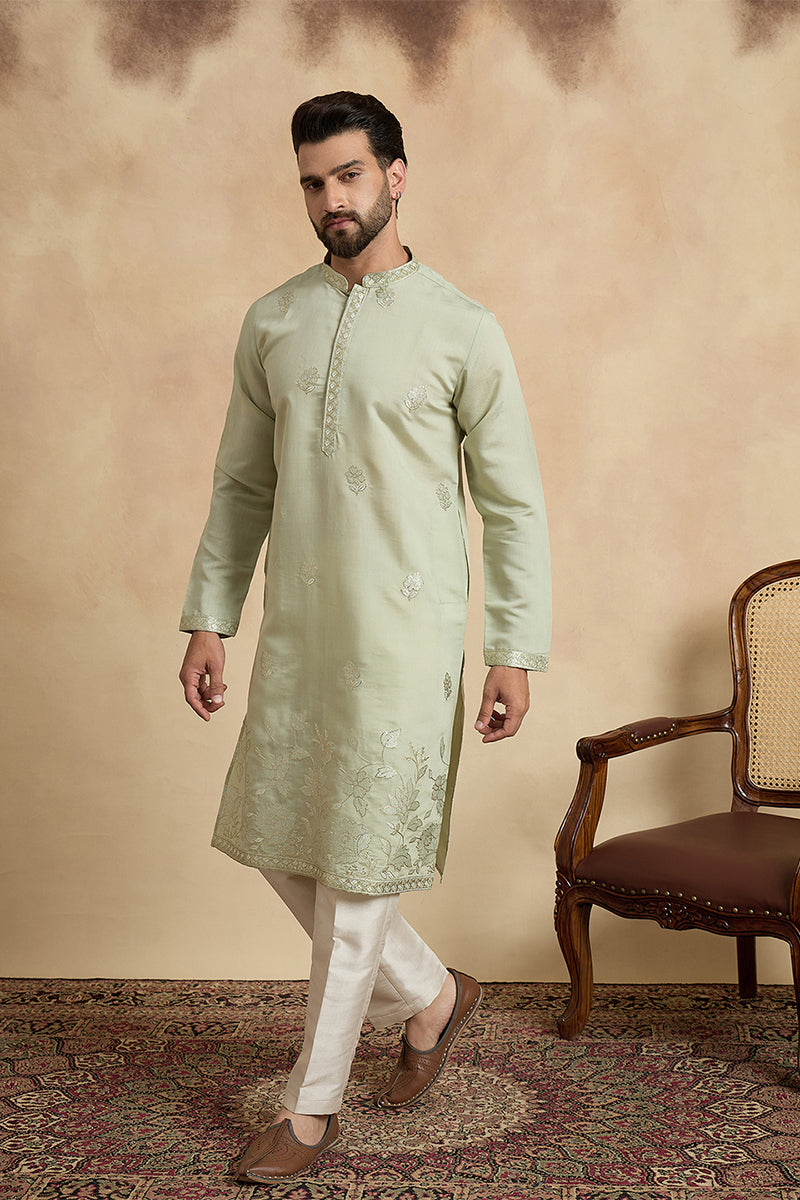 Green Silk Blend Solid Embroidered Thread Work Kurta MKU2405