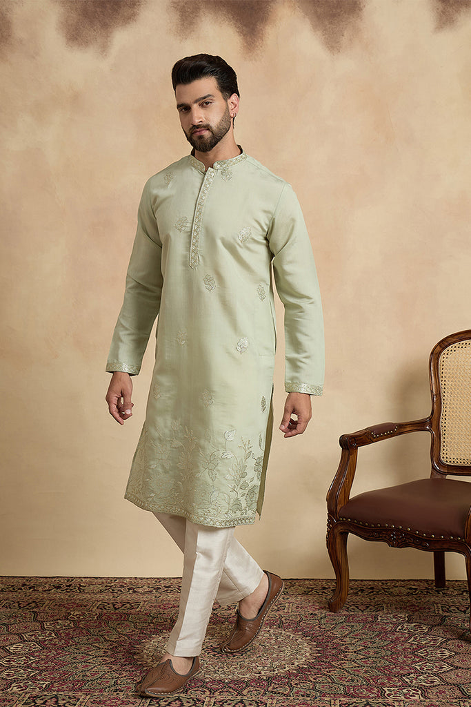 Green Silk Blend Solid Embroidered Thread Work Kurta MKU2405