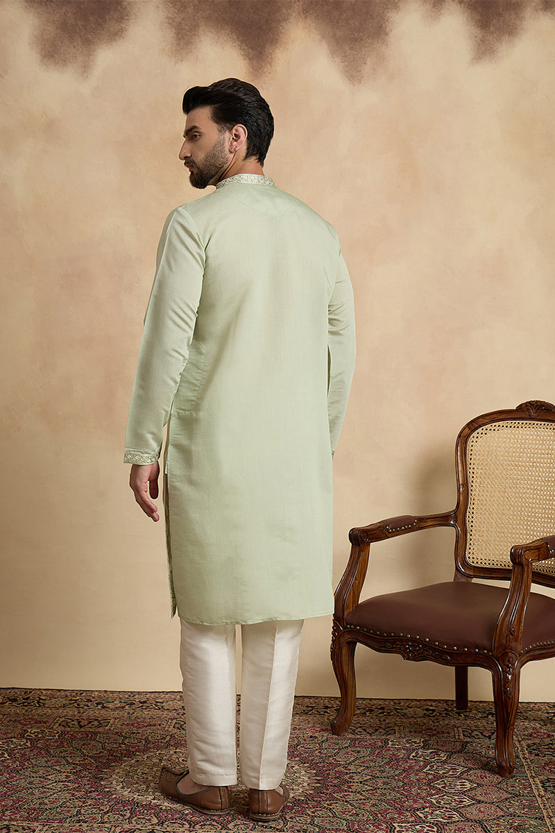 Green Silk Blend Solid Embroidered Thread Work Kurta MKU2405