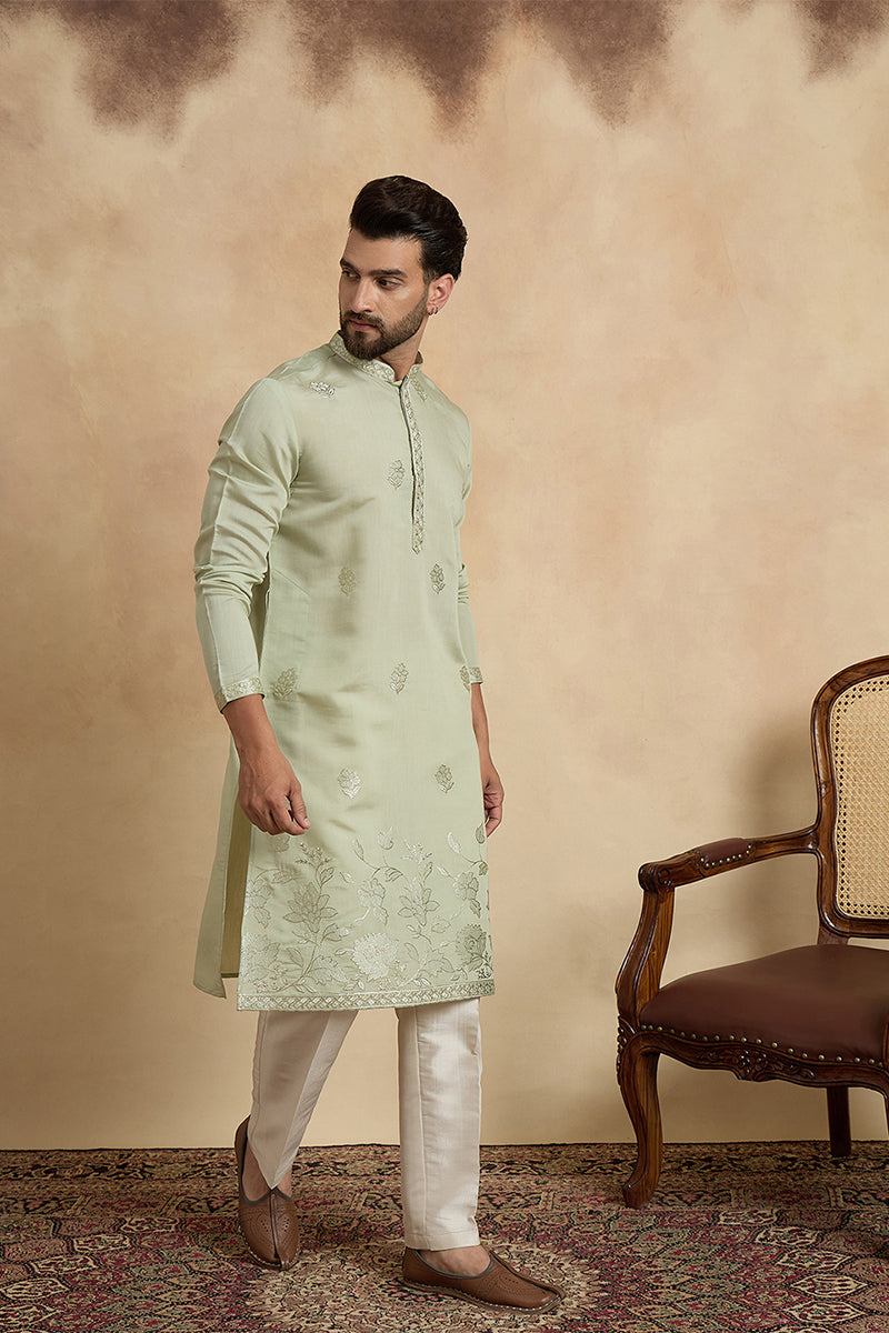 Green Silk Blend Solid Embroidered Thread Work Kurta MKU2405
