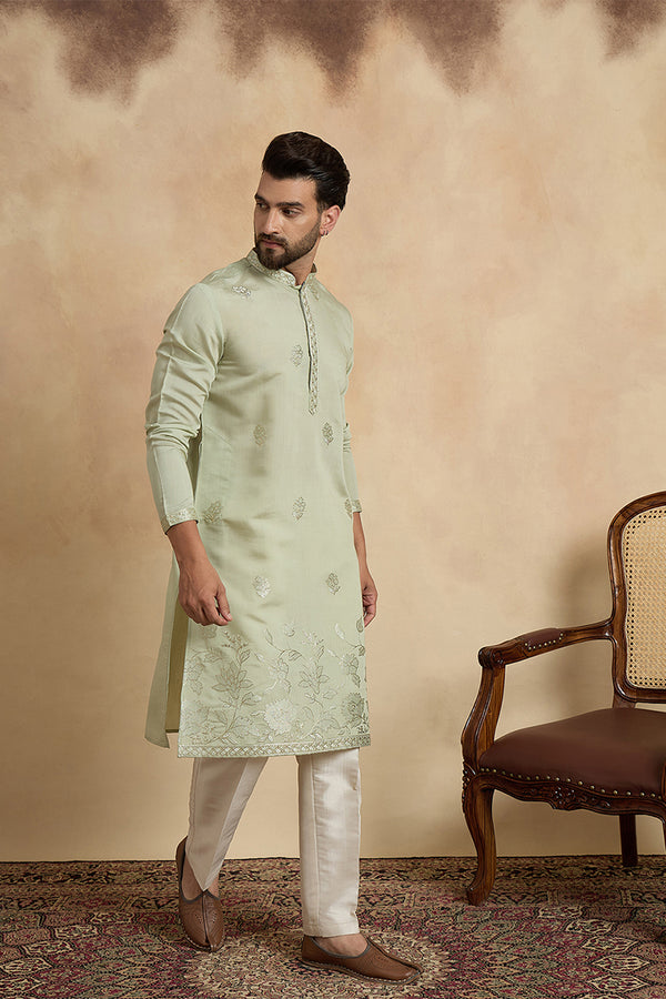 Green Silk Blend Solid Embroidered Thread Work Kurta MKU2405