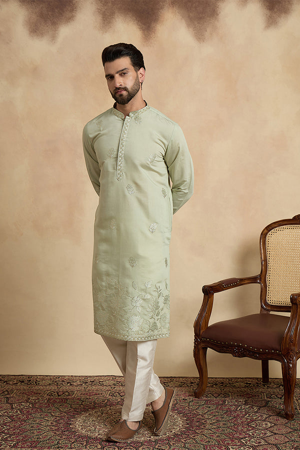 Green Silk Blend Solid Embroidered Thread Work Kurta MKU2405