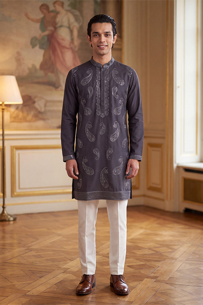 Grey Silk Blend Solid Embroidered Kurta MKU2425
