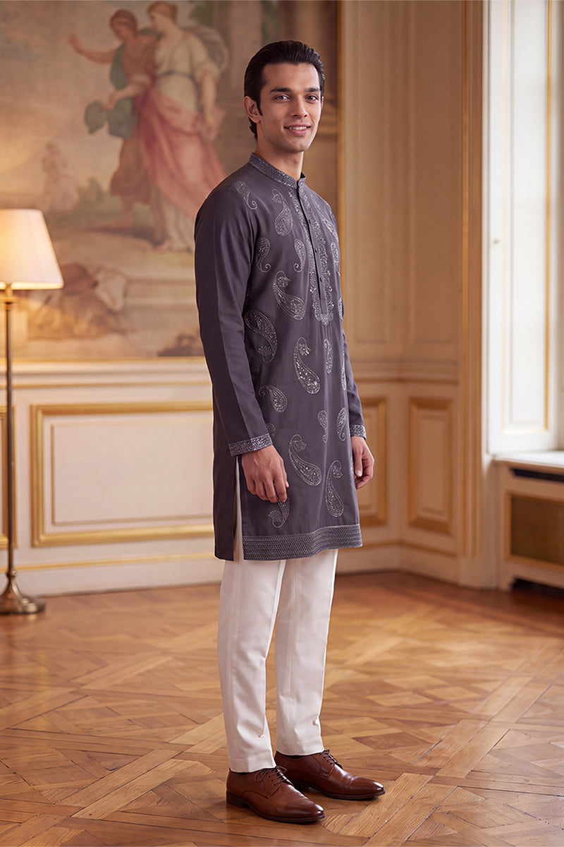 Grey Silk Blend Solid Embroidered Kurta MKU2425