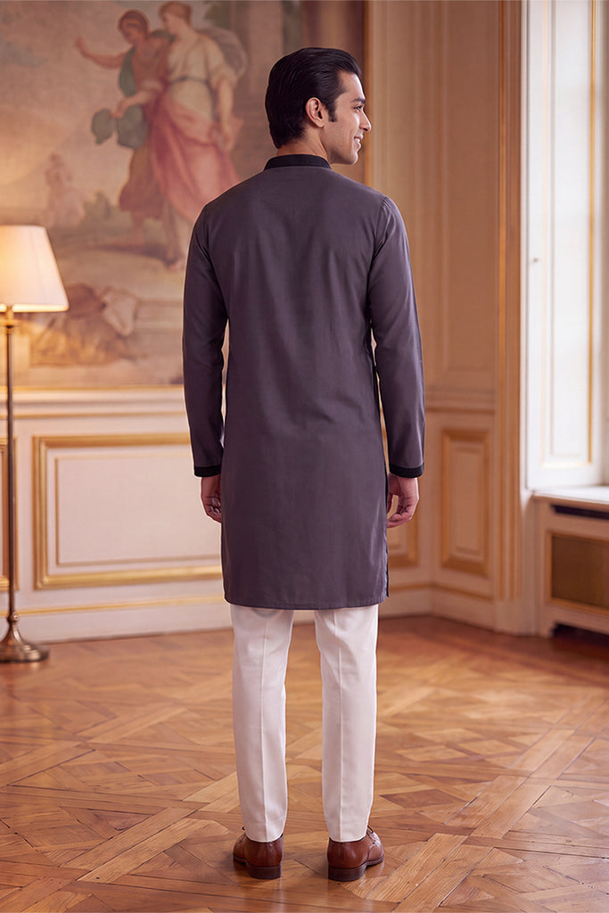Grey Silk Blend Solid Embroidered Kurta MKU2425