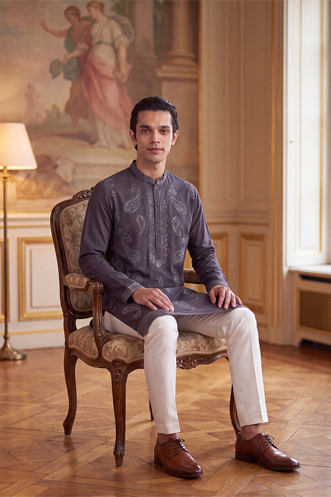 Grey Silk Blend Solid Embroidered Kurta MKU2425