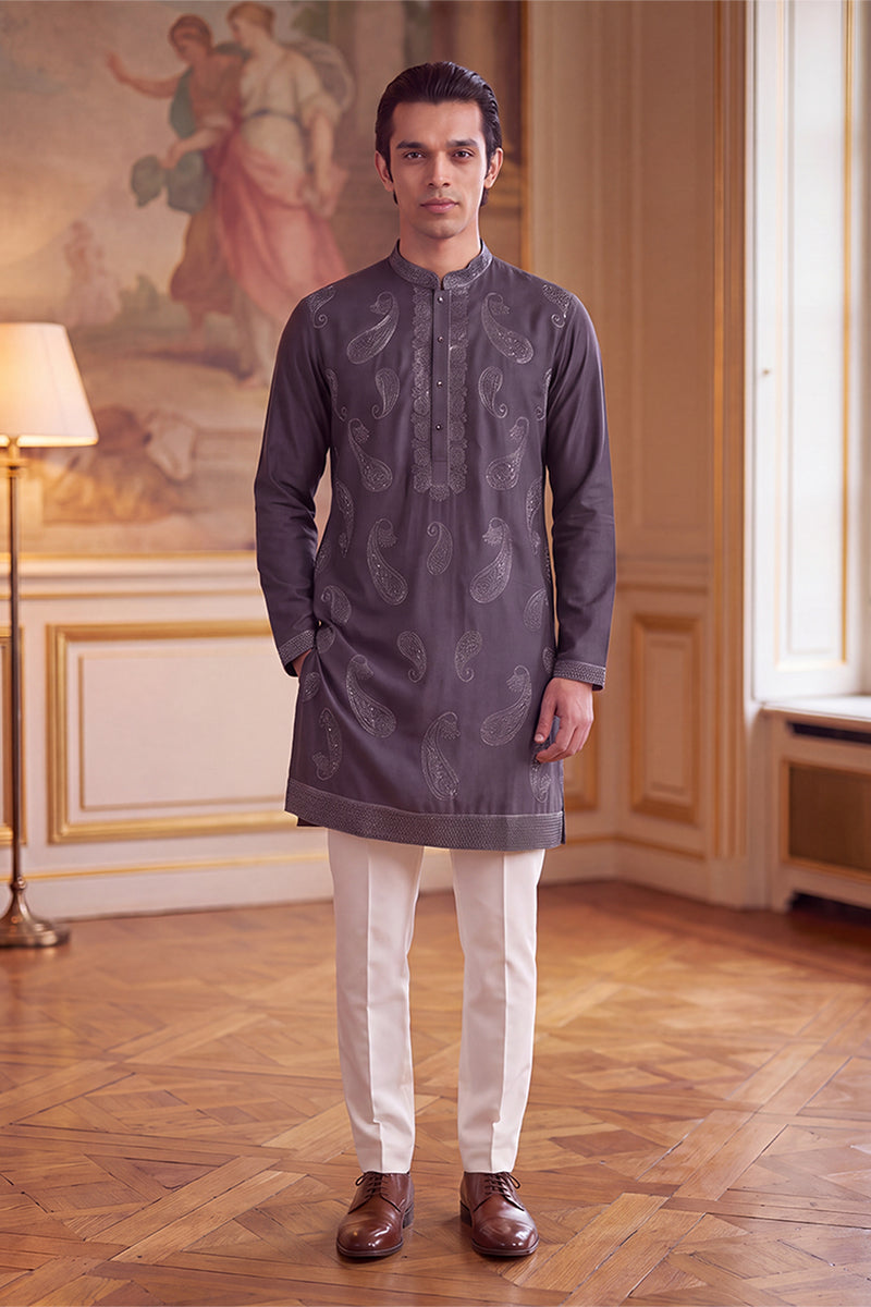 Grey Silk Blend Solid Embroidered Kurta MKU2425