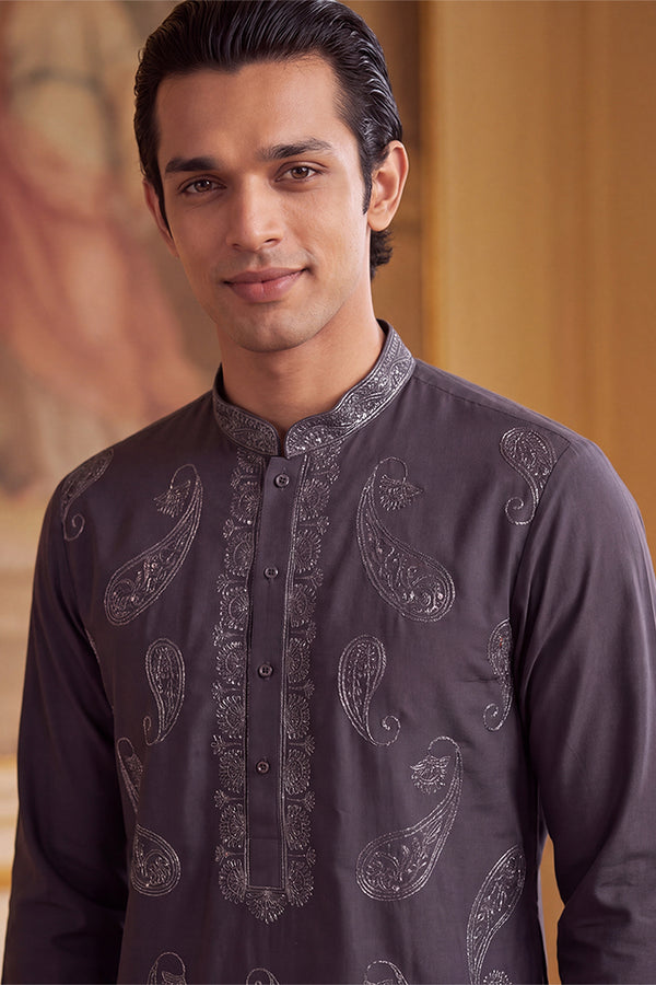 Grey Silk Blend Solid Embroidered Kurta MKU2425
