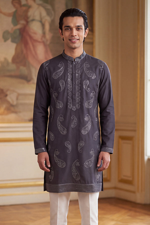 Grey Silk Blend Solid Embroidered Kurta MKU2425