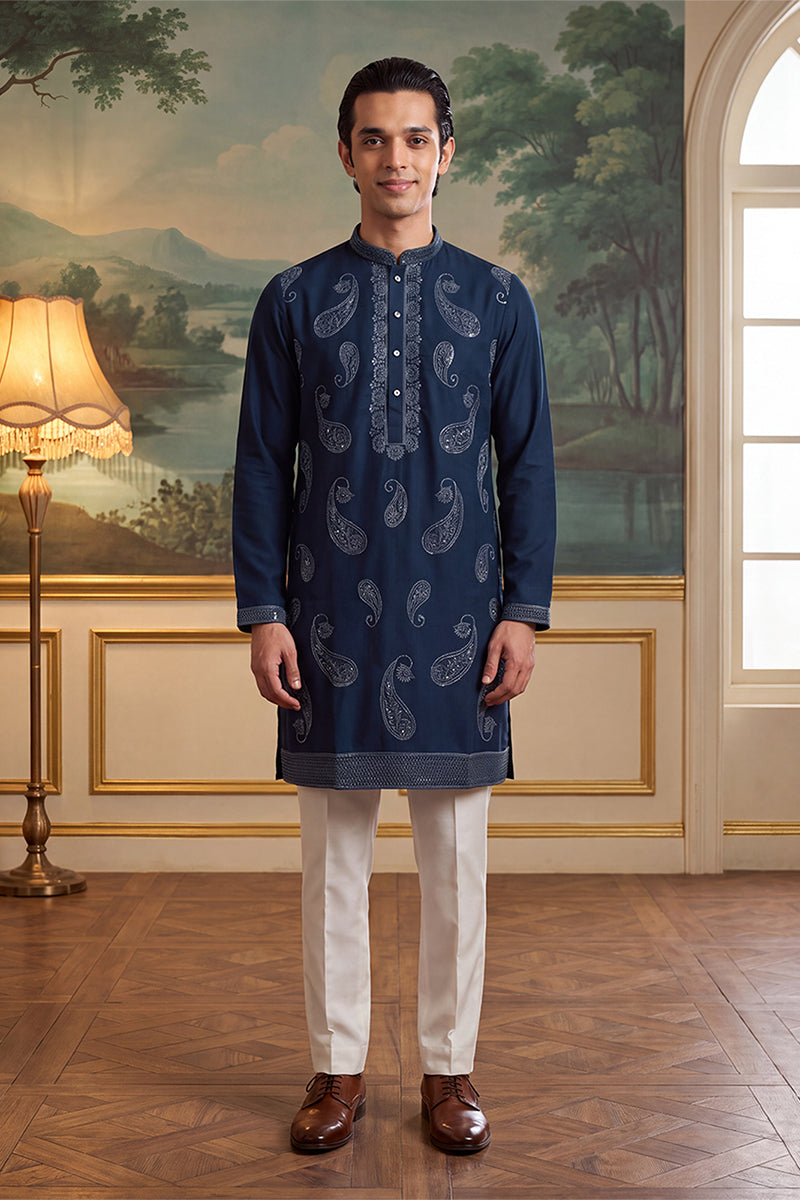 Teal Silk Blend Solid Embroidered Kurta MKU2426