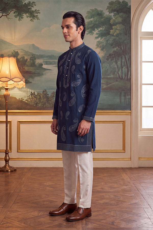 Teal Silk Blend Solid Embroidered Kurta With Trouser MKSET2426