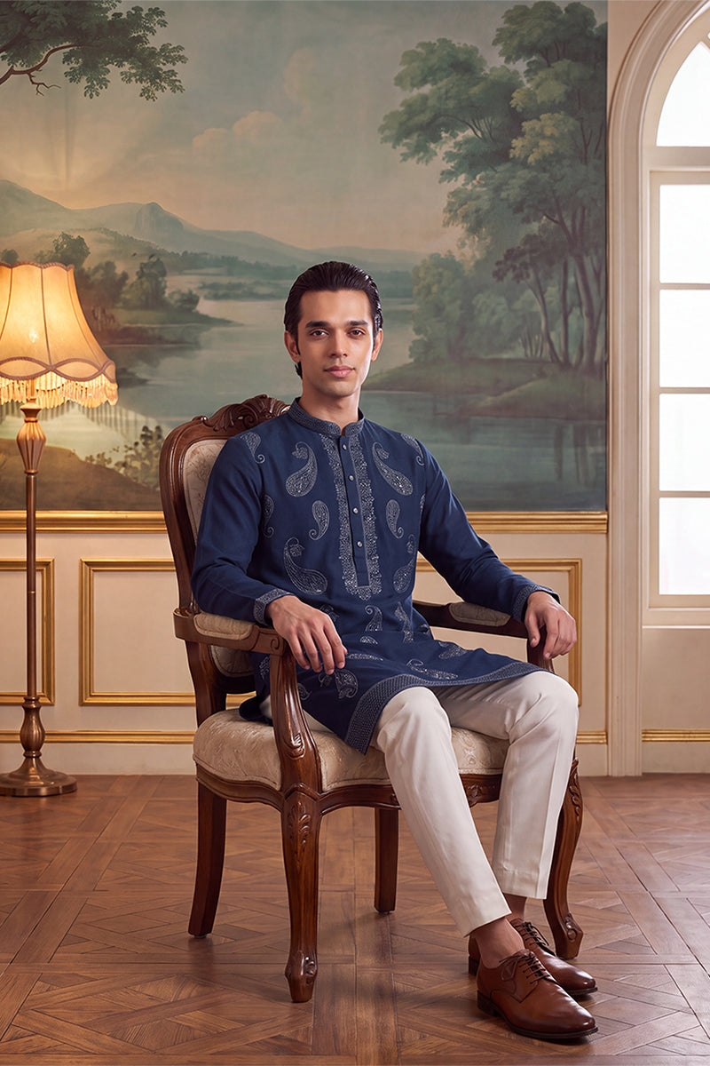 Teal Silk Blend Solid Embroidered Kurta MKU2426