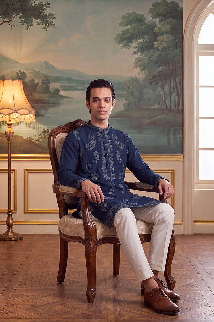 Teal Silk Blend Solid Embroidered Kurta MKU2426
