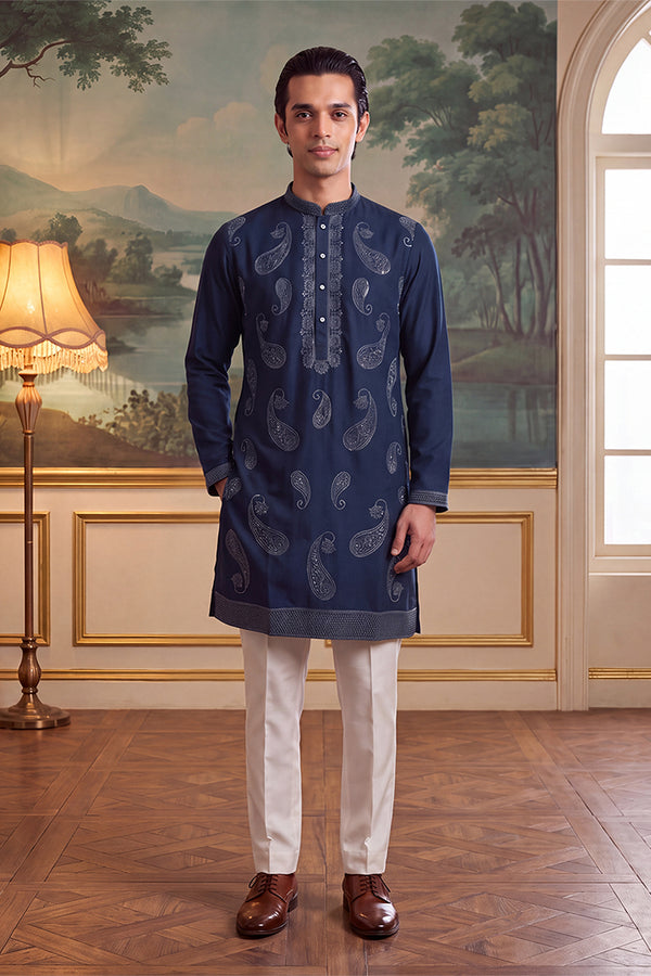 Teal Silk Blend Solid Embroidered Kurta MKU2426
