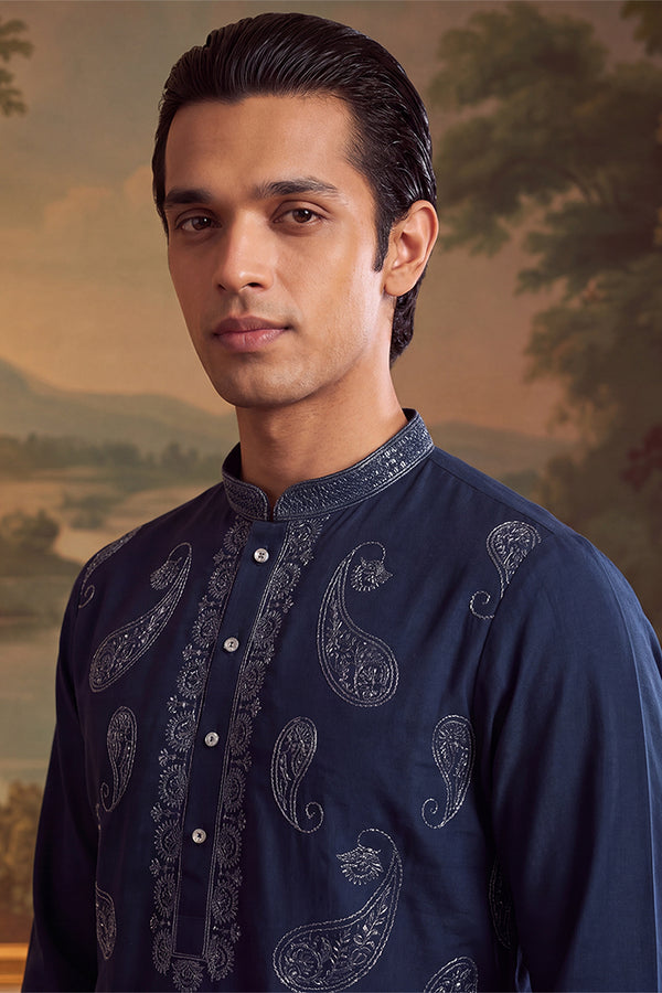 Teal Silk Blend Solid Embroidered Kurta MKU2426