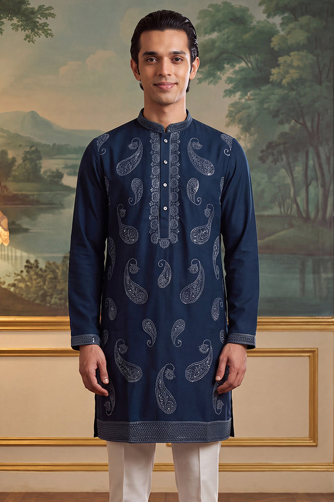 Teal Silk Blend Solid Embroidered Kurta MKU2426
