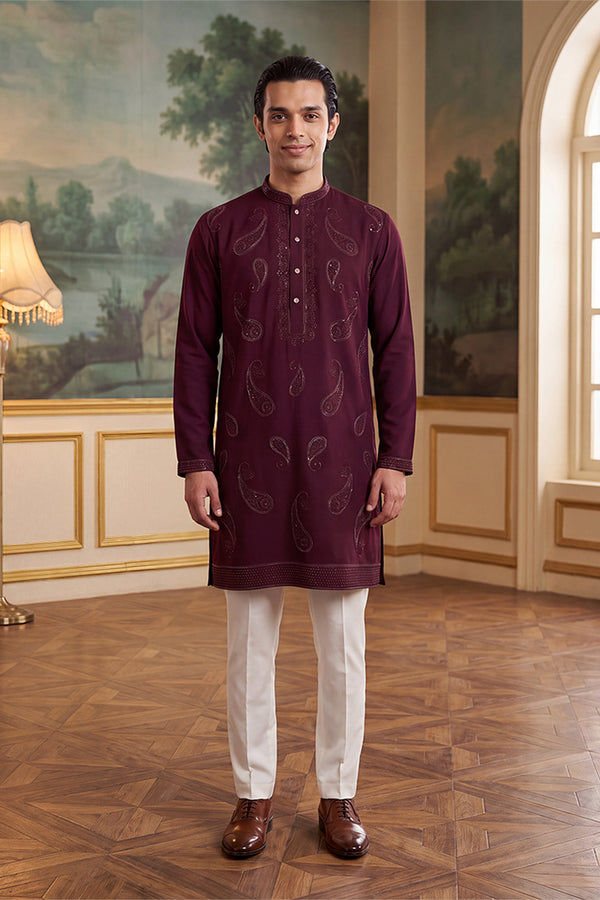 Maroon Silk Blend Solid Embroidered Kurta MKU2427