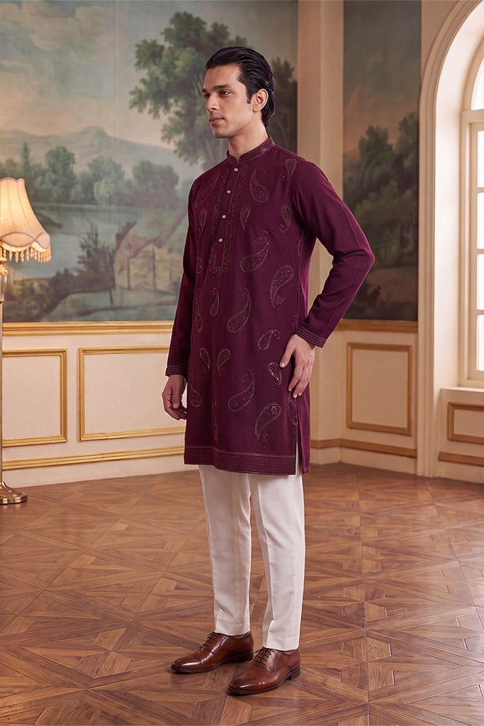 Maroon Silk Blend Solid Embroidered Kurta MKU2427