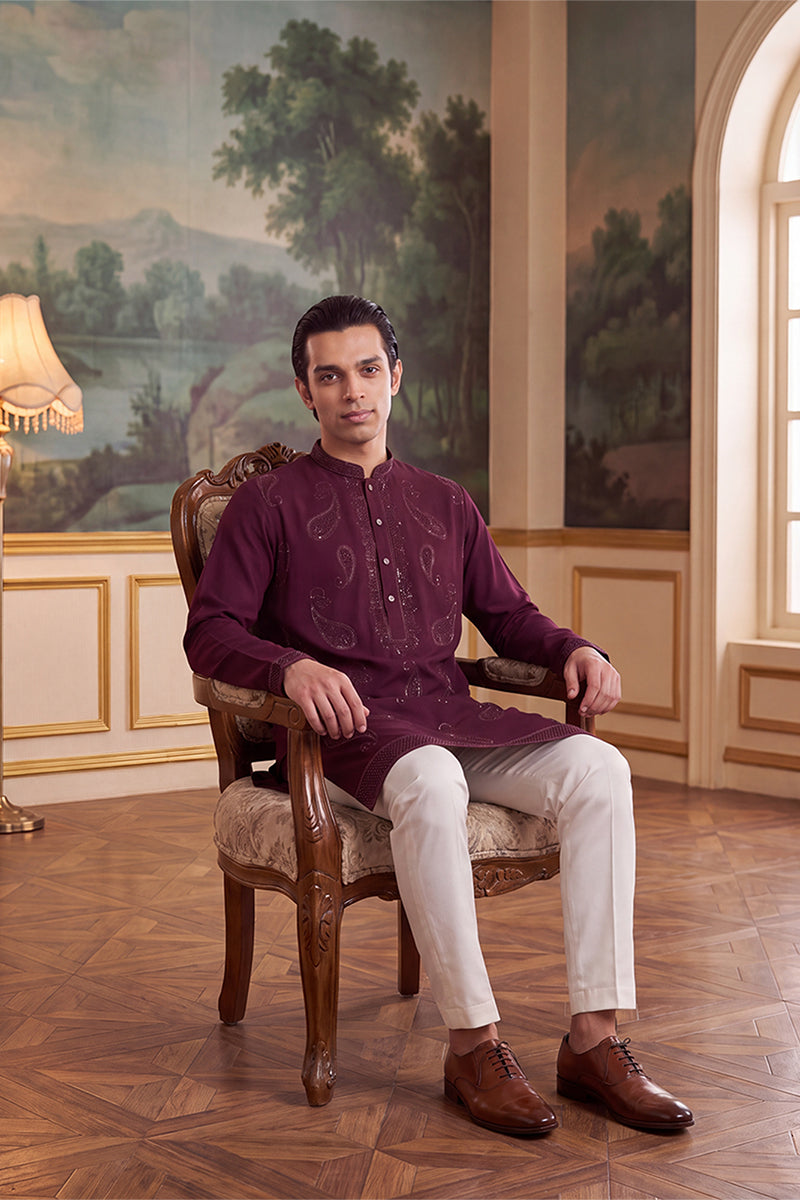 Maroon Silk Blend Solid Embroidered Kurta MKU2427