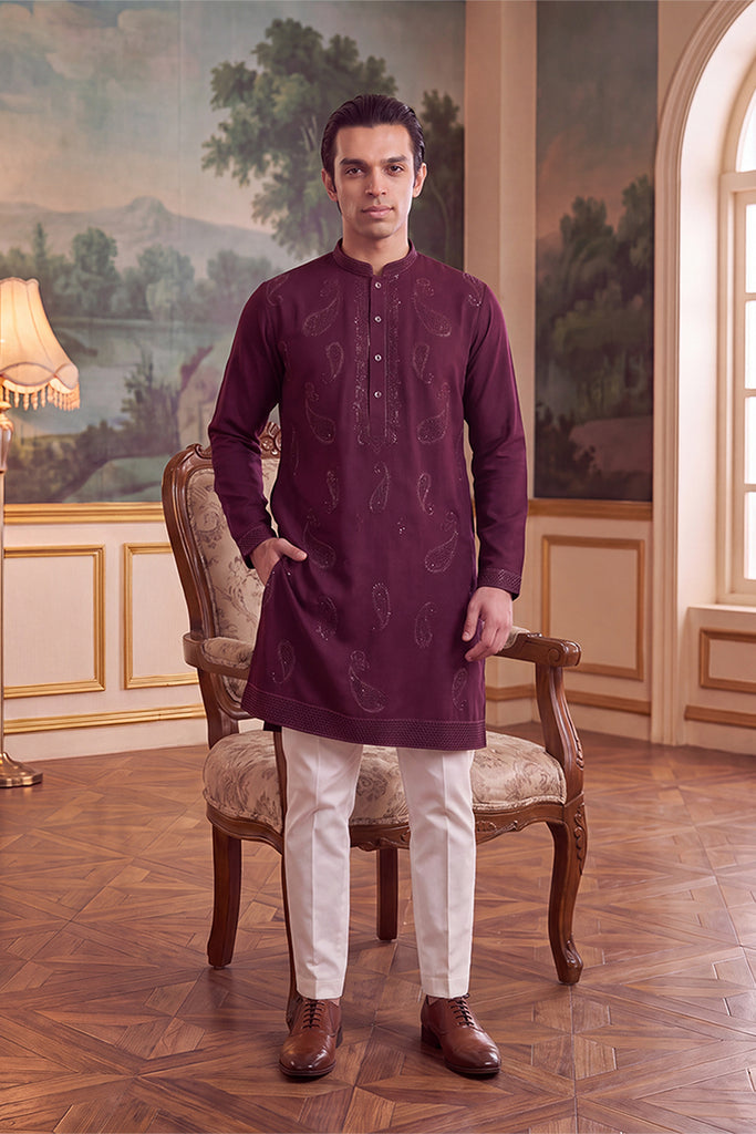 Maroon Silk Blend Solid Embroidered Kurta MKU2427