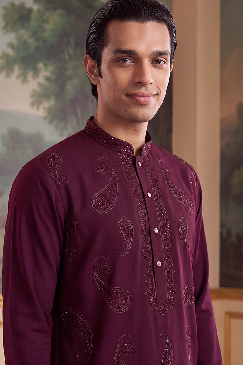 Maroon Silk Blend Solid Embroidered Kurta MKU2427