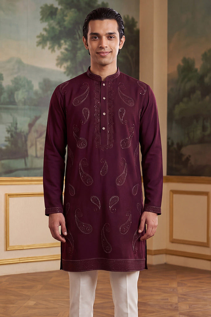 Maroon Silk Blend Solid Embroidered Kurta MKU2427