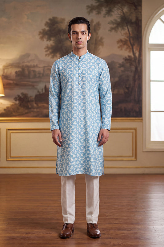 Blue Linen Ikkat Print Regular Kurta MKU2428