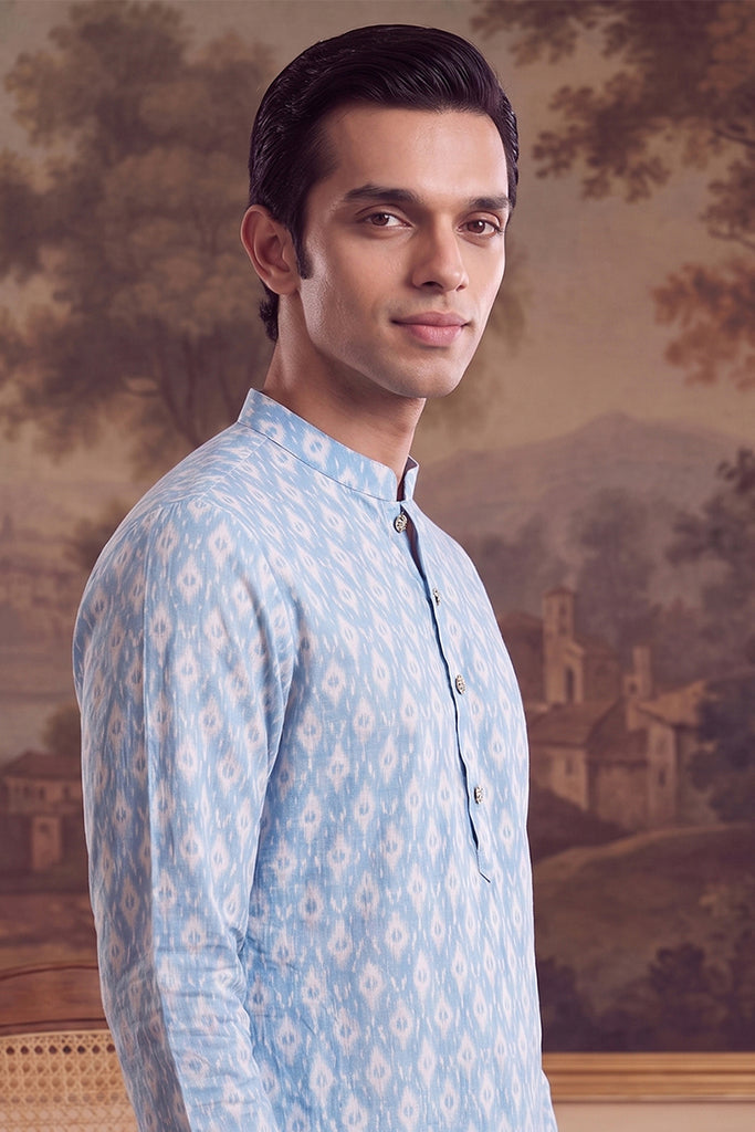Blue Linen Ikkat Print Regular Kurta With Trouser MKSET2428