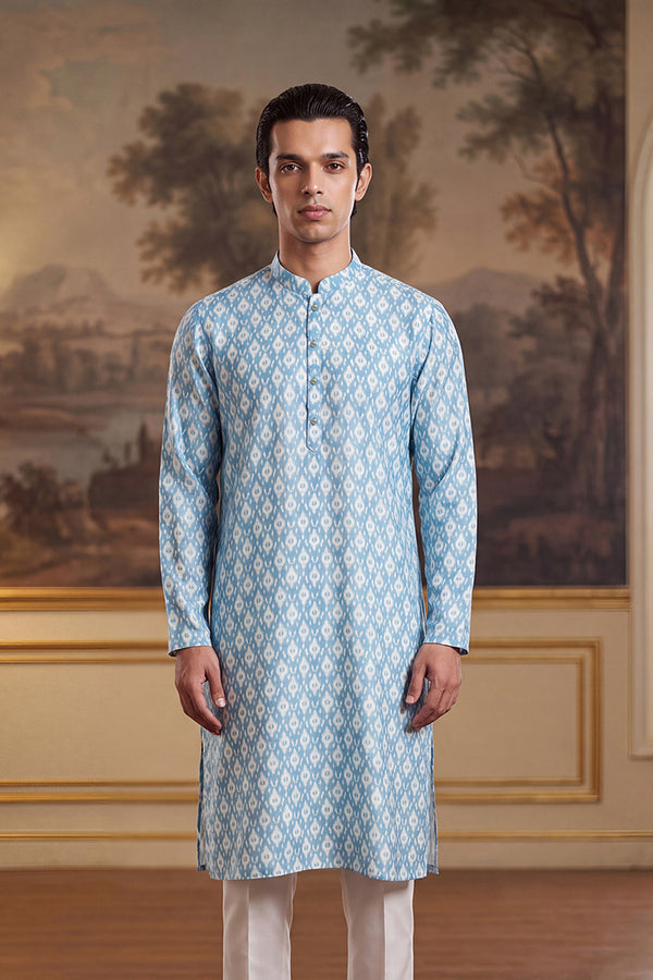 Blue Linen Ikkat Print Regular Kurta With Trouser MKSET2428