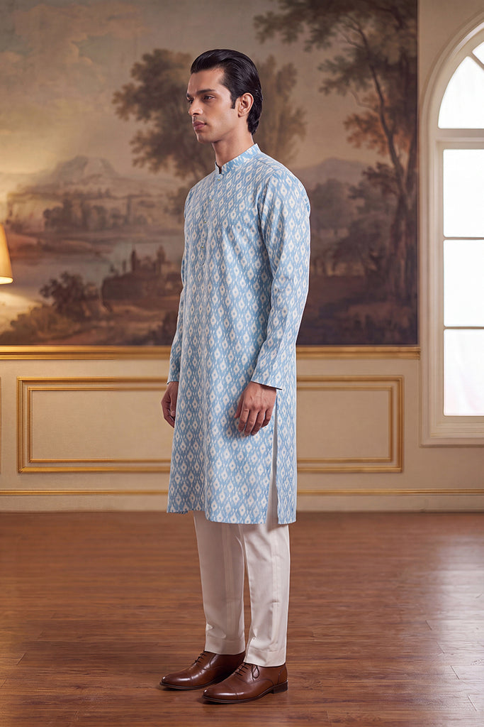 Blue Linen Ikkat Print Regular Kurta MKU2428