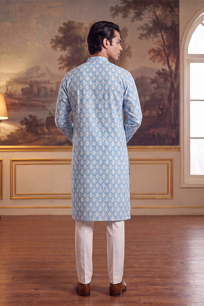 Blue Linen Ikkat Print Regular Kurta With Trouser MKSET2428