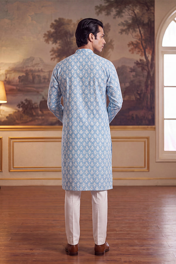 Blue Linen Ikkat Print Regular Kurta MKU2428