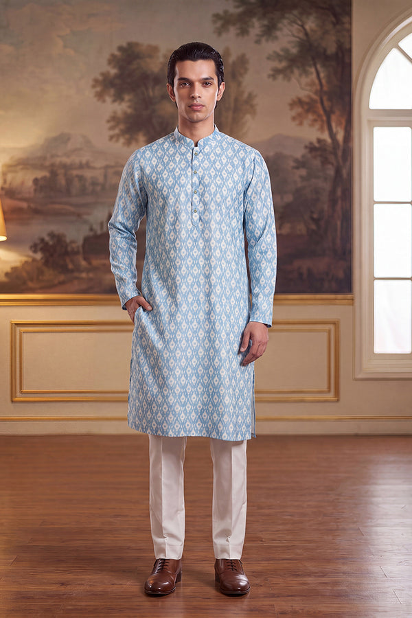 Blue Linen Ikkat Print Regular Kurta With Trouser MKSET2428