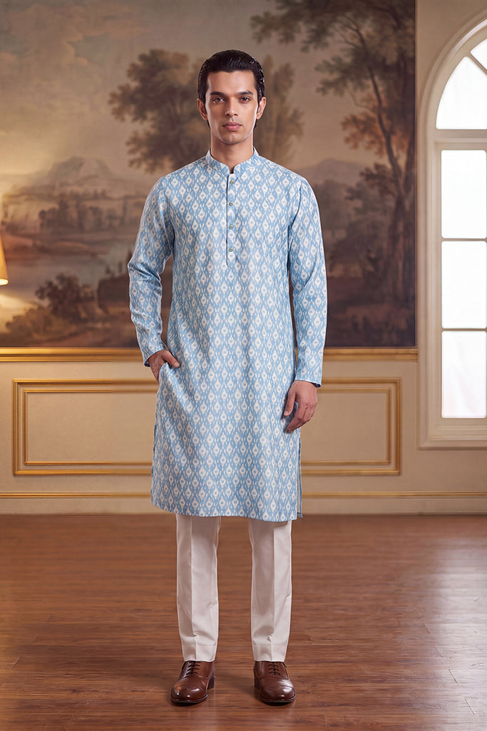 Blue Linen Ikkat Print Regular Kurta MKU2428
