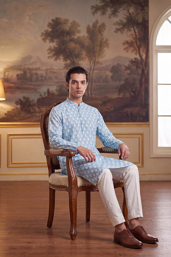 Blue Linen Ikkat Print Regular Kurta With Trouser MKSET2428