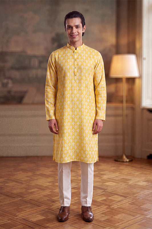 Yellow Linen Ikkat Print Regular Kurta With Trouser MKSET2429